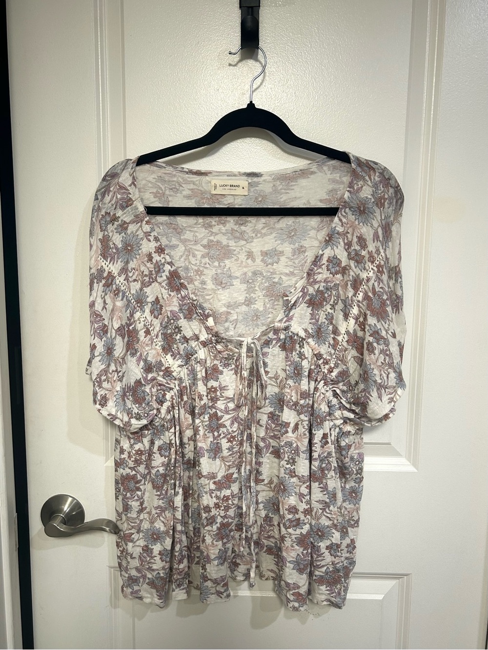Lucky Brand Cream Floral Tie-Front Tunic with Brown and Blue Accents